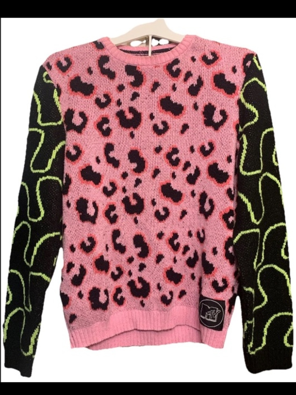 Deadstock Neon Multicolor MTV Pink Cheetah Knit Baggy Pullover Sweater XS - ASOS